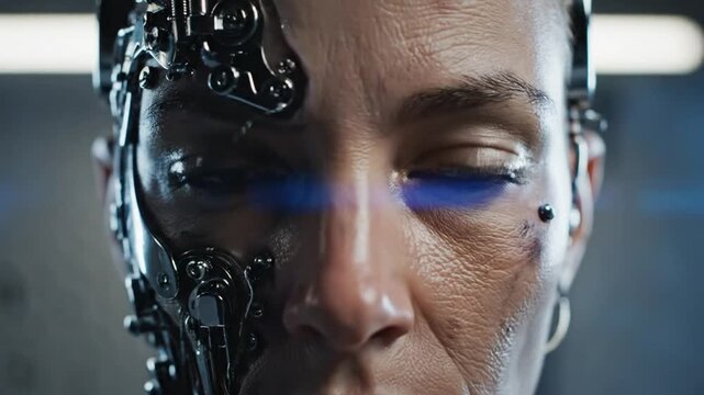 Futuristic cyborg woman with robotic face half, looking directly at the camera with an intense expression, science fiction