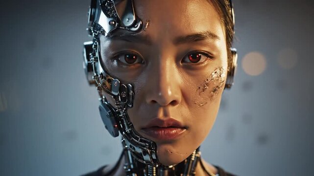 Futuristic cyborg woman with metal and technology on her face staring at camera in close up