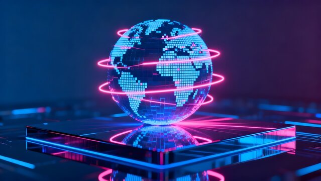 Digital globe with neon rings