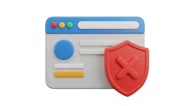 Vector illustration of 3d rendered icon of a web browser window with a red security shield and cross on a transparent background