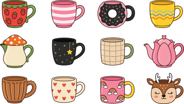 Cute Coffee Mug Vector Illustration Collection Featuring Cartoon Teacups, Donut Cup, Rainbow Designs, and Decorative Kitchen Drinkware Elements