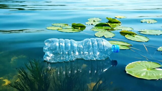 Plastic bottle polluting a lake with lily pads and reflection in the water, environmental damage concept