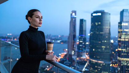 Obraz premium A thoughtful female professional stands on a luxury balcony with coffee, overlooking an illuminated cityscape at twilight. Ideal for business, ambition, and modern urban lifestyle themes.