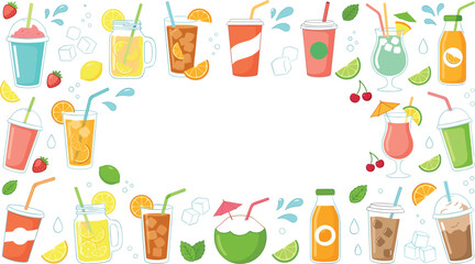 Cold Summer Drinks Vector Background With Juice Cups, Lemonade, Soda, Ice Cubes, Fruits, and Mint Leaves © MSTSalina