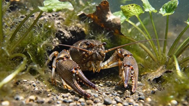 Close-up of a freshwater crayfish perched on the riverbed, displaying its claws and antennae in a natural habitat