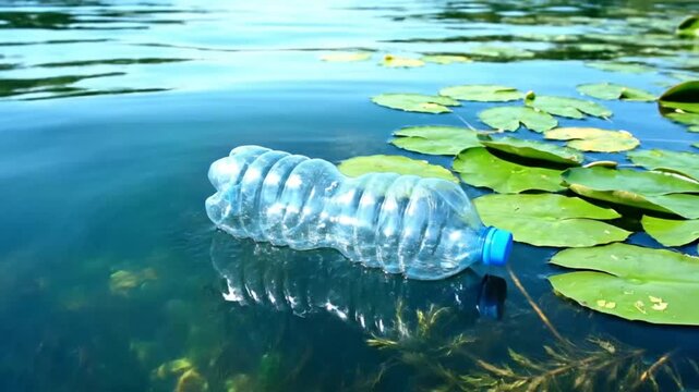 Plastic bottle polluting a lake: Environmental damage of discarded waste damaging natural water bodies