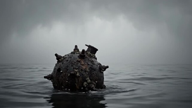 Rusty Naval Contact Mine Floating in Dark Ocean Water Under Foggy Sky