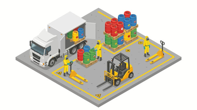 Isometric illustration of warehouse workers loading colorful packages into a truck with a forklift on a gray loading dock