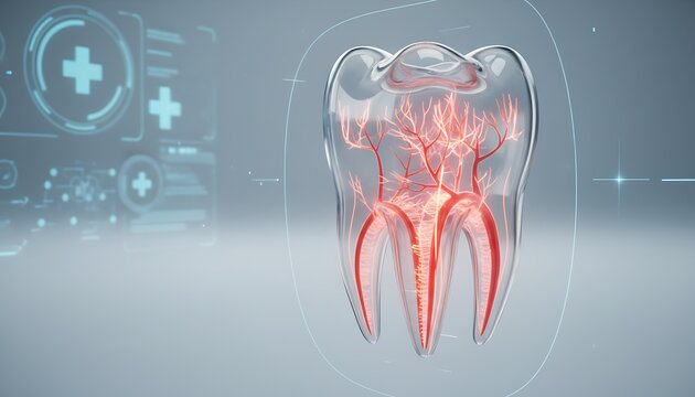 Transparent human tooth anatomy illustration with glowing red nerve and blood vessels, digital healthcare interface with medical icons, representing oral health, dentistry, and medical innovation