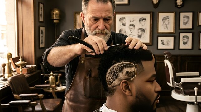 Barber giving haircut with artistic hedgehog design in barbershop