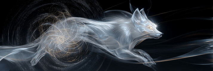 Obraz premium A Celestial Fox Formed by Luminous Silver Textures and Abstract Spirograph Geometry Emerges in Surreal Elegance, Black Background, Symbolizing Mystery, Spirit and Refined Cosmic Beauty. Generative Ai.