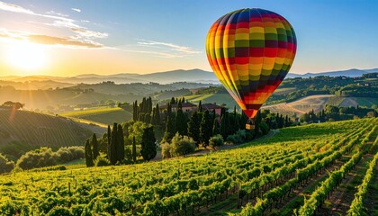 Obraz premium Soar above picturesque rolling hills and lush vineyards in a vibrant hot air balloon at sunrise. A breathtaking scene of travel, freedom, and the scenic beauty of the countryside.