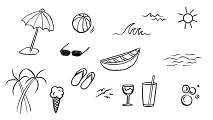 Beach doodle illustrations, including umbrella, palm trees, waves, and more, set against a transparent background perfect for design. © Atheefa
