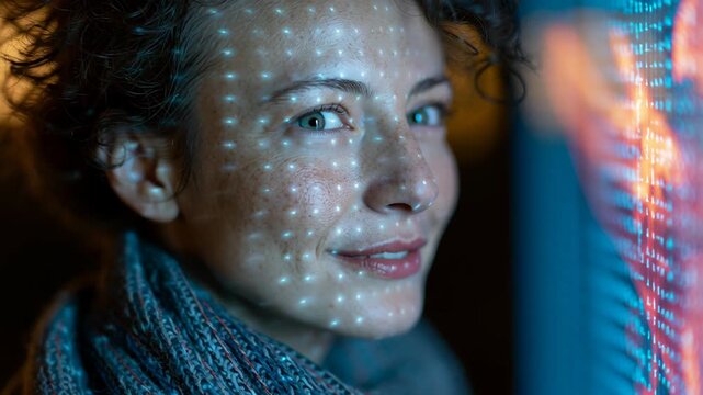 Woman with curly hair and scarf smiles as light patterns project onto her face, creating a vibrant visual effect in an urban nighttime setting