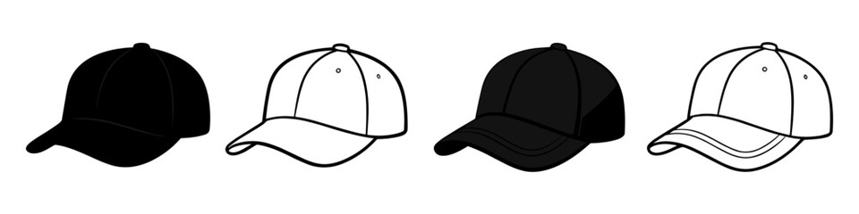 Fototapeta premium Collection of four baseball caps, two solid black and two outlined white