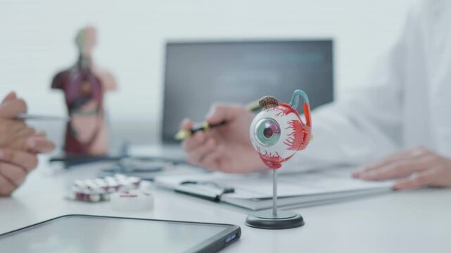 Eye Examination Discussion Clinic Setting Medical Consultation Professional Environment Close-Up View Ophthalmology Concepts