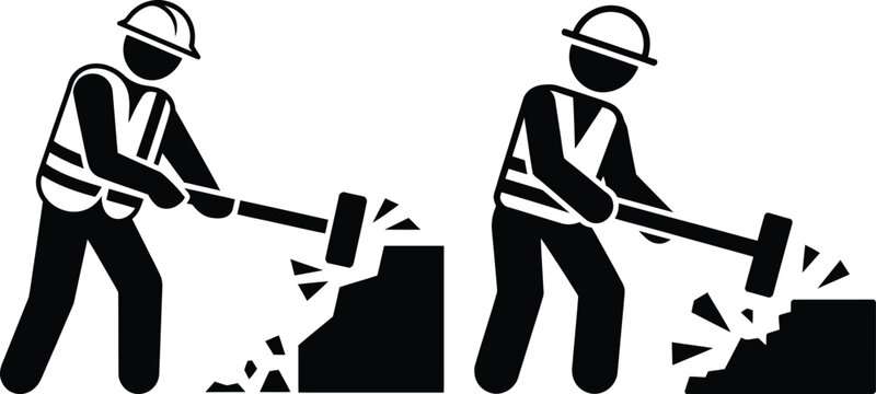 Two construction workers using hammers to break concrete blocks