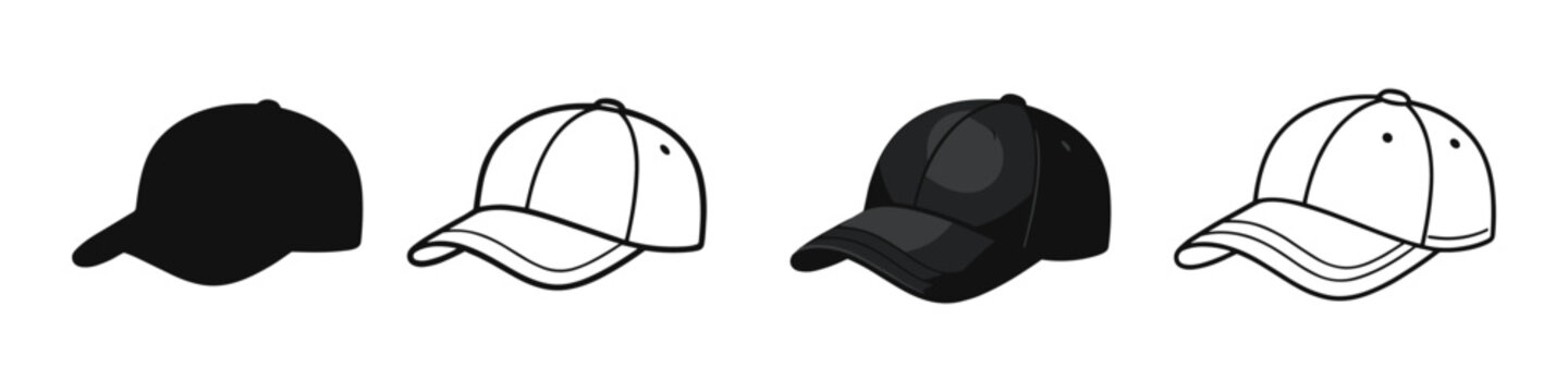 Collection of baseball caps in silhouette and line art styles