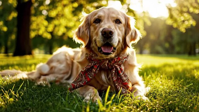 Golden retriever relaxes in sunlit park with a paisley scarf around its neck, looking happy and content