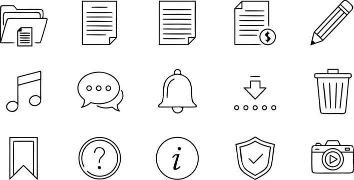 Hand drawn office and interface icons set with folders documents bell camera and trash symbols