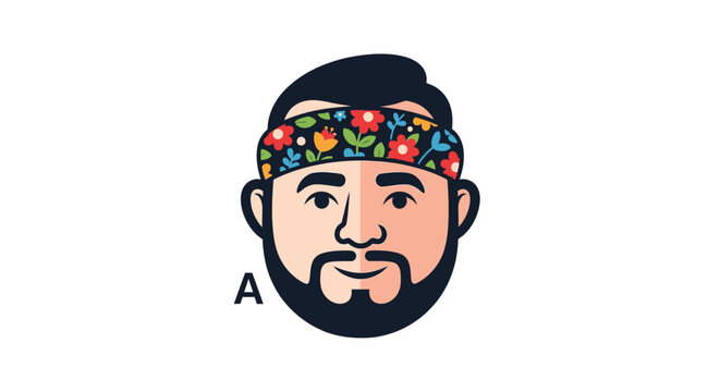Bearded Man with Floral Headband Vector Illustration