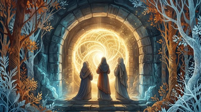 Biblical Scene of Three Women at the Empty Tomb with Radiant Swirling Divine Light in Ancient Stone Archway