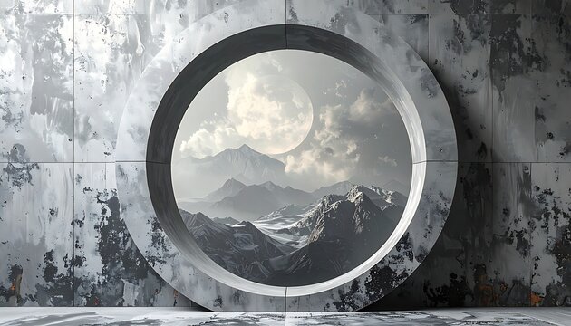 Modern circular window with mountain view.