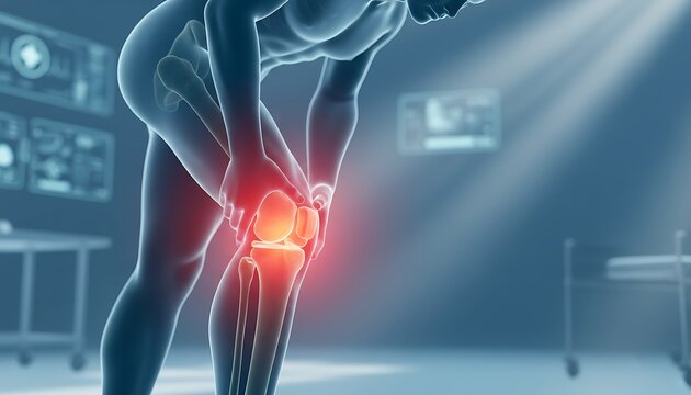 Anatomical human knee joint with glowing red inflammation and skeletal structure in a sterile, digital medical environment with holographic screens and examination tables, representing pain, injury