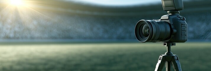 Fototapeta premium Camera on tripod in stadium, sun flares