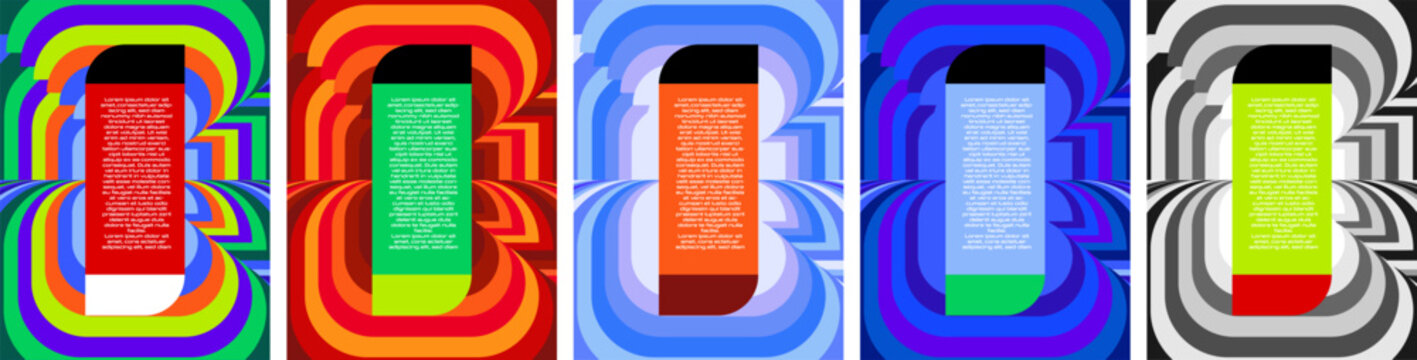 Abstract optical tunnel vector background set with concentric wavy lines creating a perspective zoom effect. Cyberpunk technology portal graphics pack in five neon and monochrome colorways placard