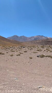 Scenic panoramic view of volcanic mountains over a high altitude desert plain with sparse puna grass and big stones, arid landscape of Siloli Desert in the Altiplano region of Potosi, Bolivia