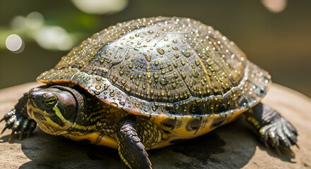 Obraz premium Close-up of a red-eared slider turtle with beautiful shell and droplets.