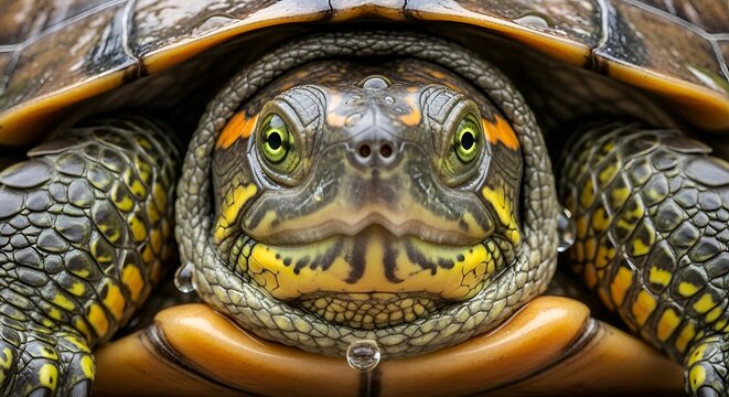 Close-up of a turtle with detailed shell and bright eyes