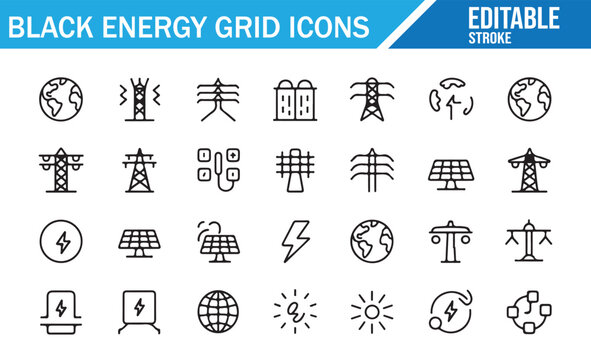 Smart Energy Grid Line Icons Set with Electric Towers Solar Panels Batteries and Wind Power