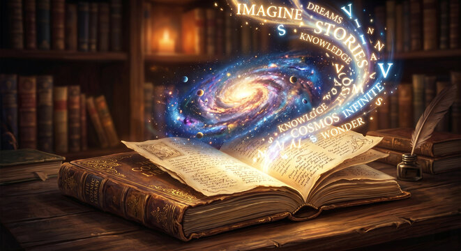 An open ancient magic book in a dark library with a glowing galaxy and inspirational words rising from its pages representing imagination and infinite knowledge.