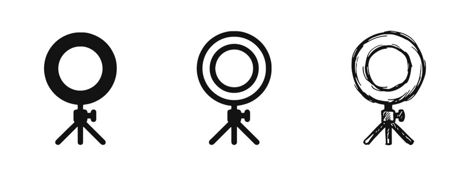 Professional Ring Light Icons for Vlogging and Photography Studio in Solid Outline and Sketch Styles