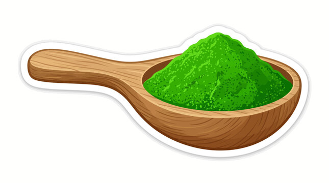Vibrant matcha vector illustration featuring a wooden spoon brimming with bright green tea powder, presented in a delightful sticker style, perfect for healthy food and drink designs