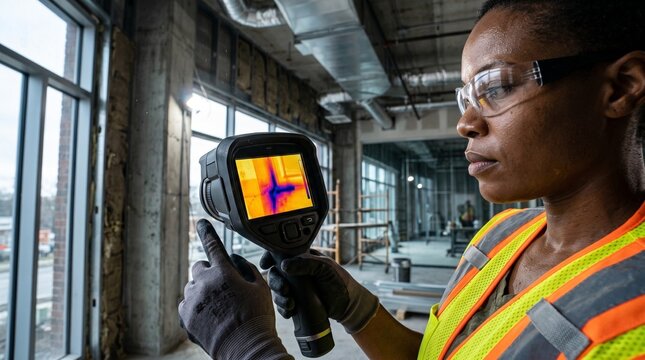 Engineer performing energy audit scan on wall for building safety