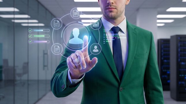businessman interacting with glowing digital interface of user profile and data analytics in modern office high quality professional detailed elegant stylish clean crisp vibrant