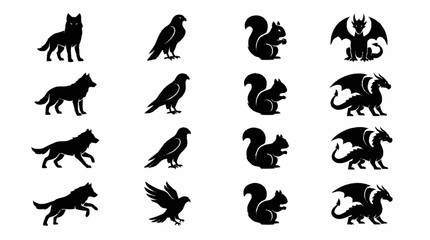 Fototapeta premium Collection of animal silhouettes including wolves, birds, squirrels, and dragons