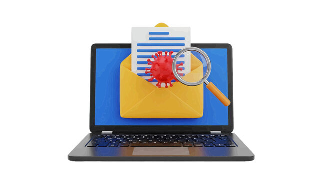 Vector illustration of laptop screen with email envelope, virus icon and magnifying glass on a transparent background