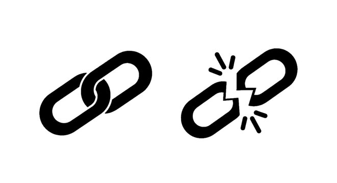 Minimal black silhouette icon, simple flat vector, bold black shape, no, no shading connected and broken chain link icons set on a, flat icon style
