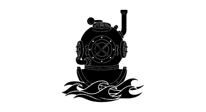 Minimal black silhouette icon, simple flat vector, bold black shape, no, no shading vintage deep sea diving helmet icon with ocean waves on a, flat icon style
