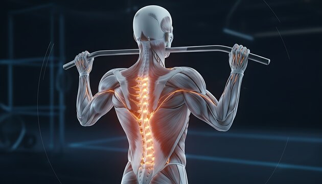Detailed human torso anatomy displaying glowing spine and muscles performing lat pulldown exercise, 3D render, symbolizing strength, health, and physical fitness for medical and sports concepts.