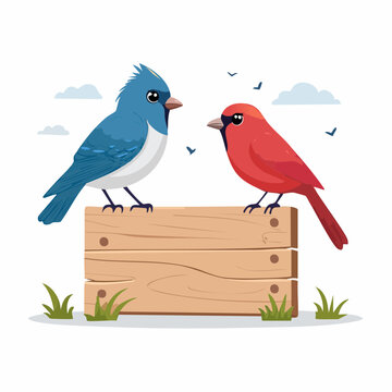 Two cartoon birds, a blue jay and a cardinal, perched on a wooden sign