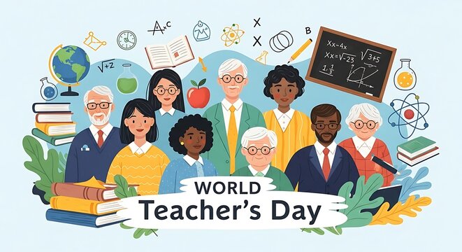 Diverse group of teachers celebrating education and world teachers day