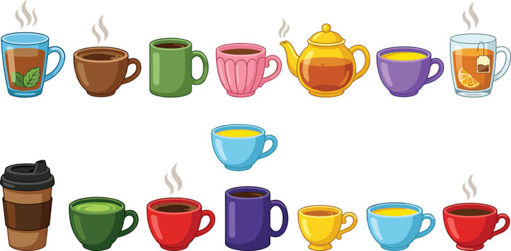 Hot Tea and Coffee Cup Vector Illustration Collection Featuring Steaming Ceramic Mugs, Teapot, and Cozy Cafe Drinkware Design Elements