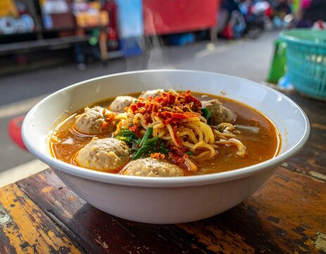 Traditional Indonesian bakso meatball soup with noodles and chili sauce in realistic street food photography style.