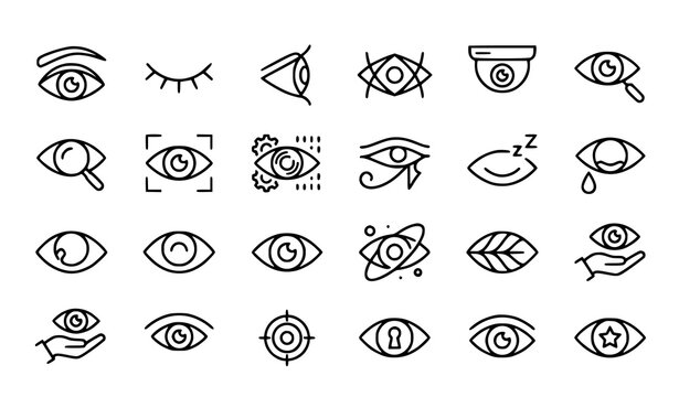 Eye symbol collection line art icons for vision healthcare and mysticism