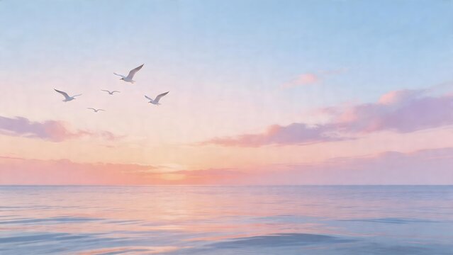 Seagulls flying over ocean at sunset